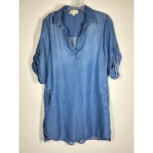 Cloth & Stone Denim Chambray Shirt Dress Medium Roll Tab Sleeves Blue Minimalist